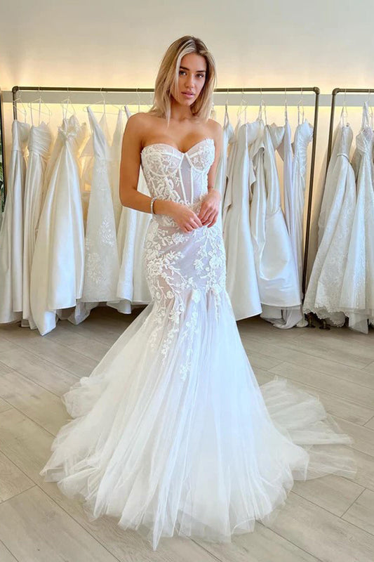 Sexy Elegant Mermaid Sweetheart Strapless Sleeveless Wedding Dress