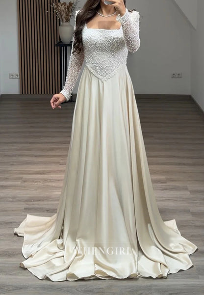 A-Line Beaded Square Neck Long Sleeves Long Formal Evening Dress