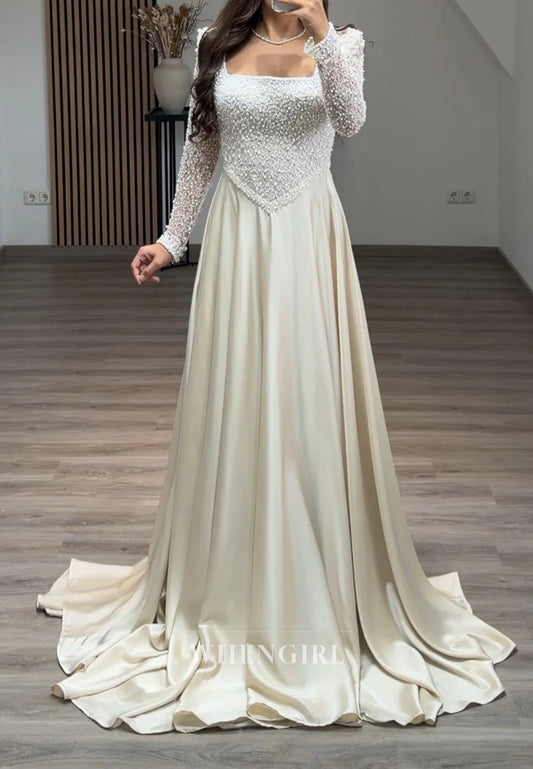 A-Line Beaded Square Neck Long Sleeves Long Formal Evening Dress