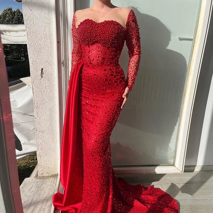 Pearls Mermaid Evening Dresses Long for Women O Neck Long Sleeves Formal Evening Dress