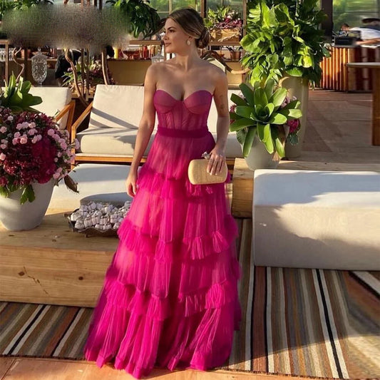 Fuschia Tiered Ruffles Tulle Prom Dresses Sweetheart Sleeveless Pleat Ruched Saudi Arabic Evening Gowns Elegant Formal Dress