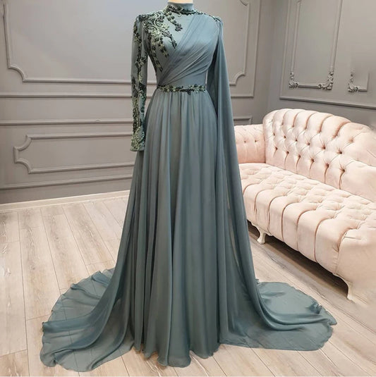 Chiffon Appliques Full Sleeve Muslim Prom Evening Dresses with Cape Arabic Dubai Hijab Formal Party Gowns