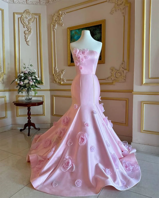Strapless 3D Flowers Prom Dress Princess Mermaid Floor-length Sleeveless Formal Evening