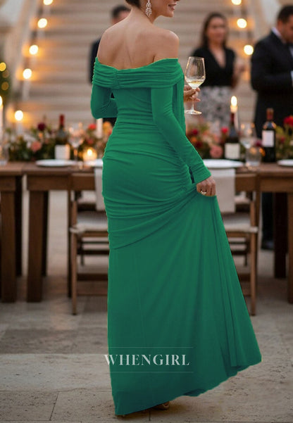 Green Off Shoulder Long Sleeves Ruched Mother of the Bride Dress