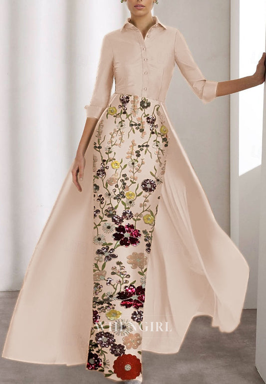 Sheath 3/4 Sleeves Floral Beaded Mother of the Bride Dress with Train