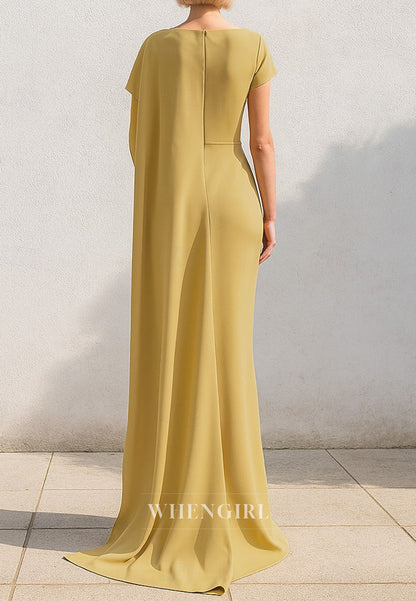 Sheath Floor Length Evening Gown Short Sleeve Ruched Mohter of the Bride Dress