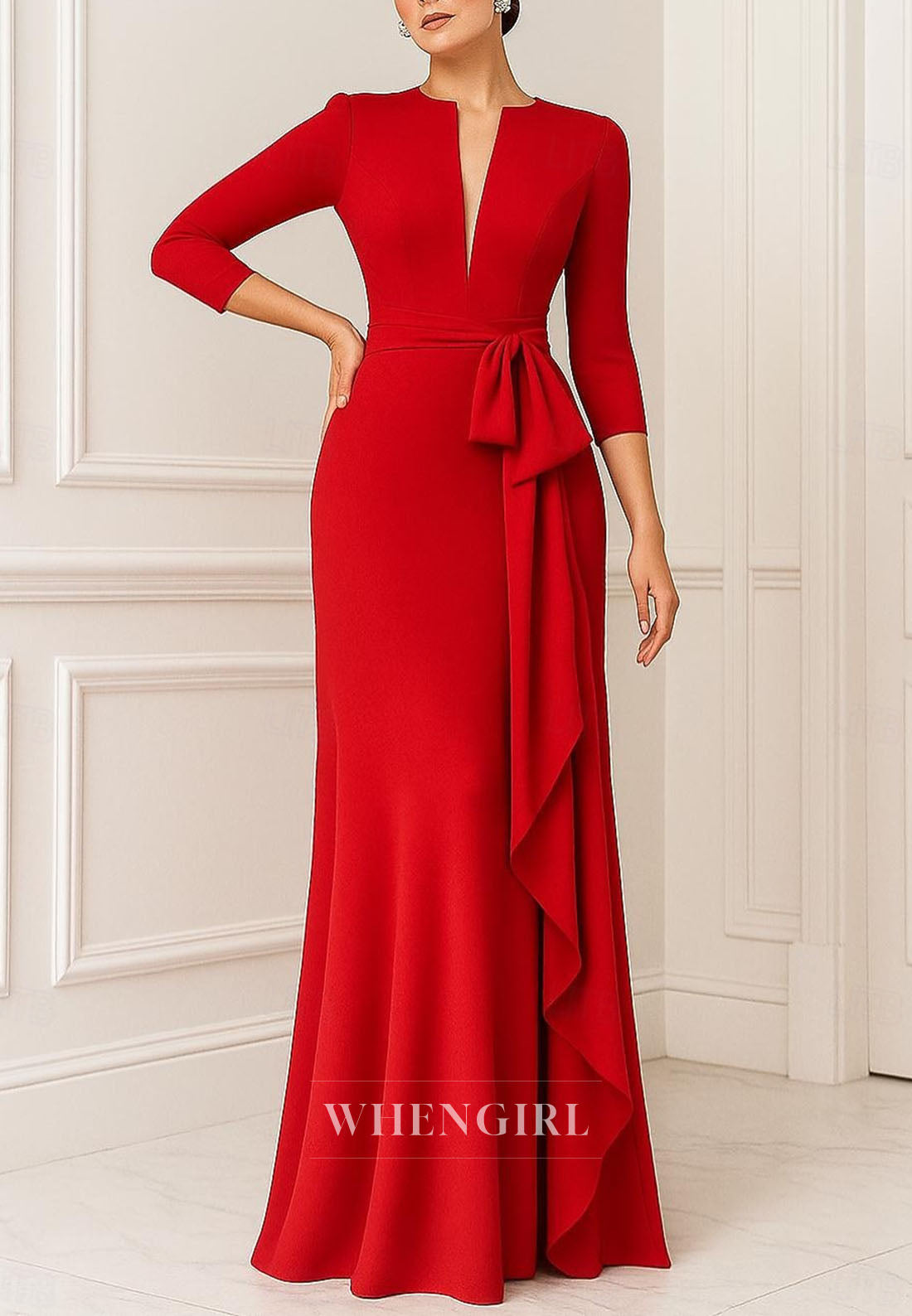 Trumpet V Neck 3/4 Sleeves Ruffles Floor Length Mother of the Bride Dress