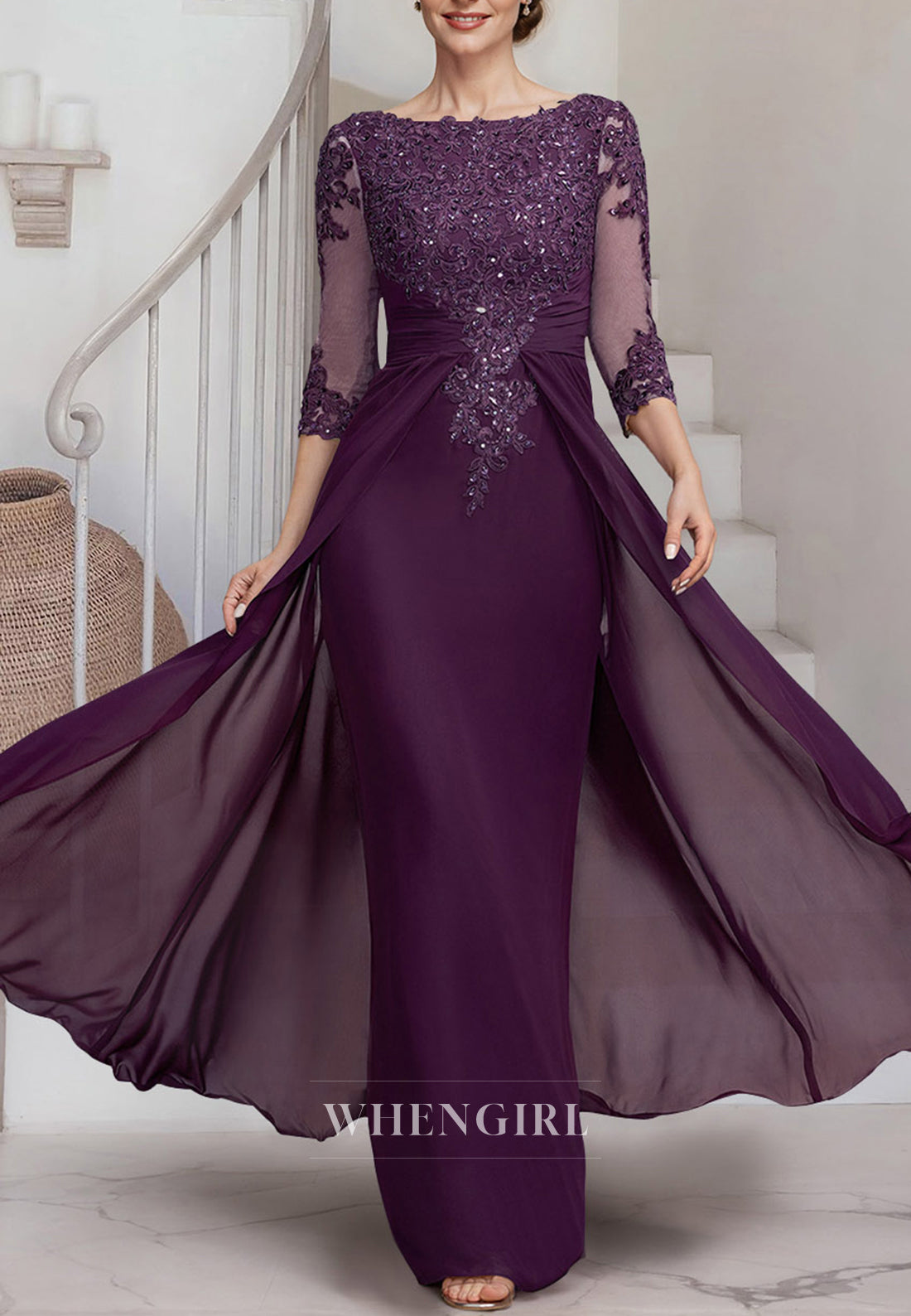 Raspberry Bateau Neck Half Sleeves Beaded Appliqued Floor Length Sheath Mother of the Bride Dress
