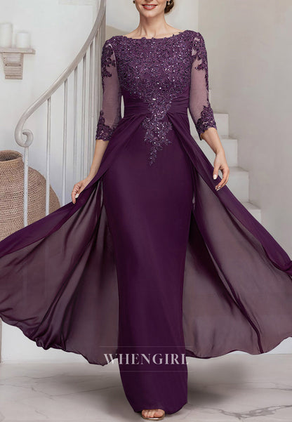 Raspberry Bateau Neck Half Sleeves Beaded Appliqued Floor Length Sheath Mother of the Bride Dress