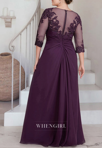 Raspberry Bateau Neck Half Sleeves Beaded Appliqued Floor Length Sheath Mother of the Bride Dress