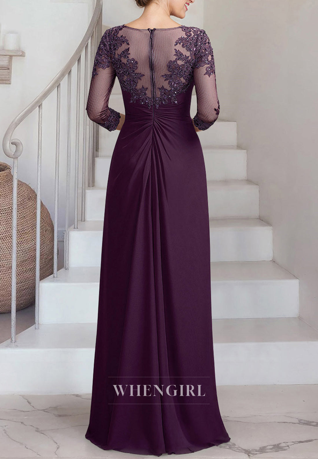 Raspberry Bateau Neck Half Sleeves Beaded Appliqued Floor Length Sheath Mother of the Bride Dress
