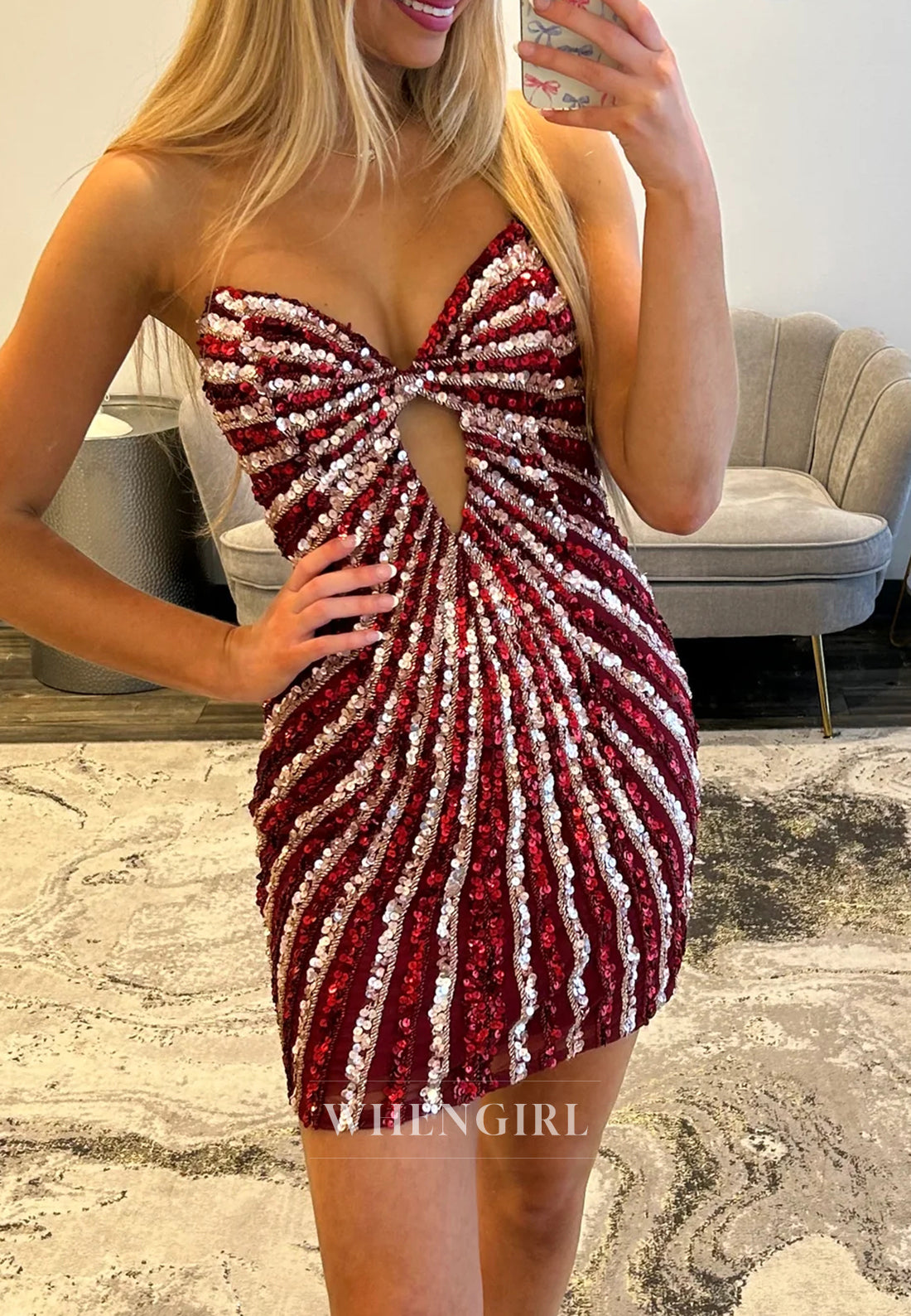 V Neck Cut Out Sleeveless Sequins Sheath Short Homecoming Dress