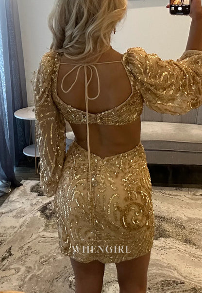 Gold Long Sleeves V Neck Sequins Beading Cut Out Sheath Short Homecoming Dress