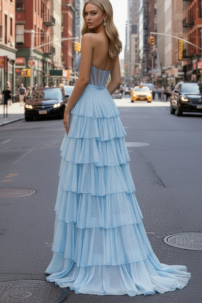 Strapless Bowknot Corset Ruffle Prom Dress