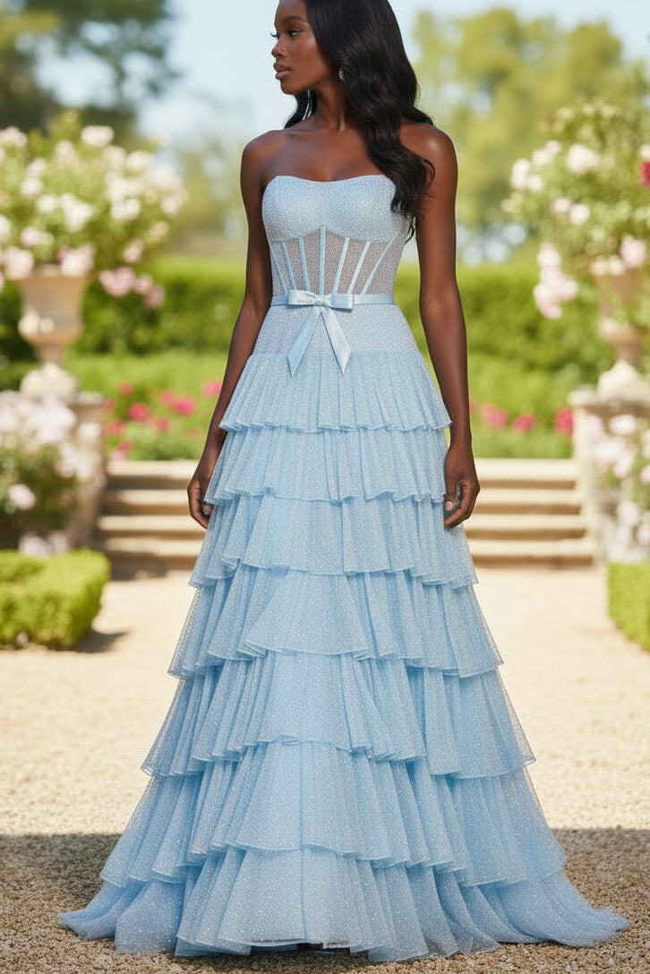 Strapless Bowknot Corset Ruffle Prom Dress