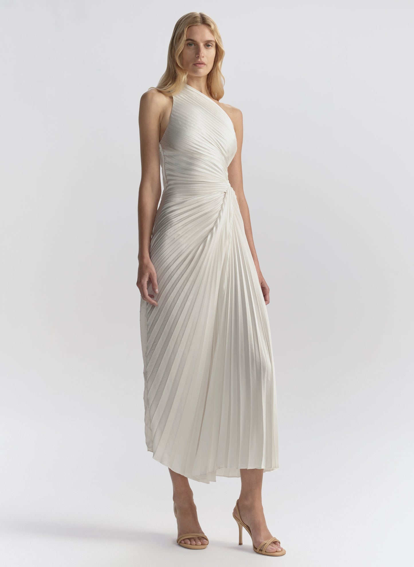 Sheath One Shoulder Sleeveless Pleated Midi Dress