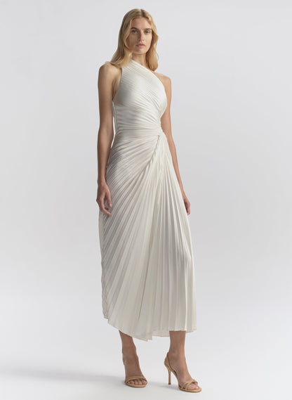 Sheath One Shoulder Sleeveless Pleated Midi Dress