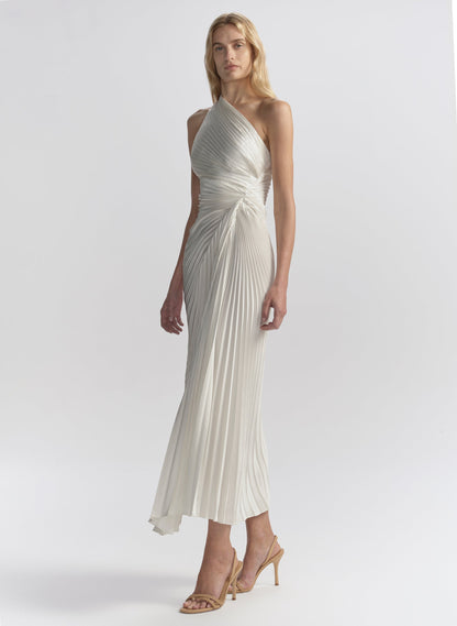 Sheath One Shoulder Sleeveless Pleated Midi Dress