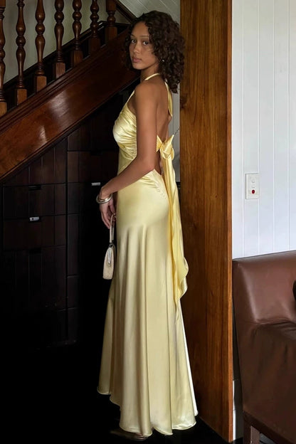 Silk Satin Yellow Halter Open Back Sheath Elegant Formal Party Dress