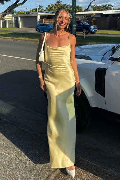 Simple Mermaid Spaghetti Straps Yellow Long Prom Dress with Criss Cross Back