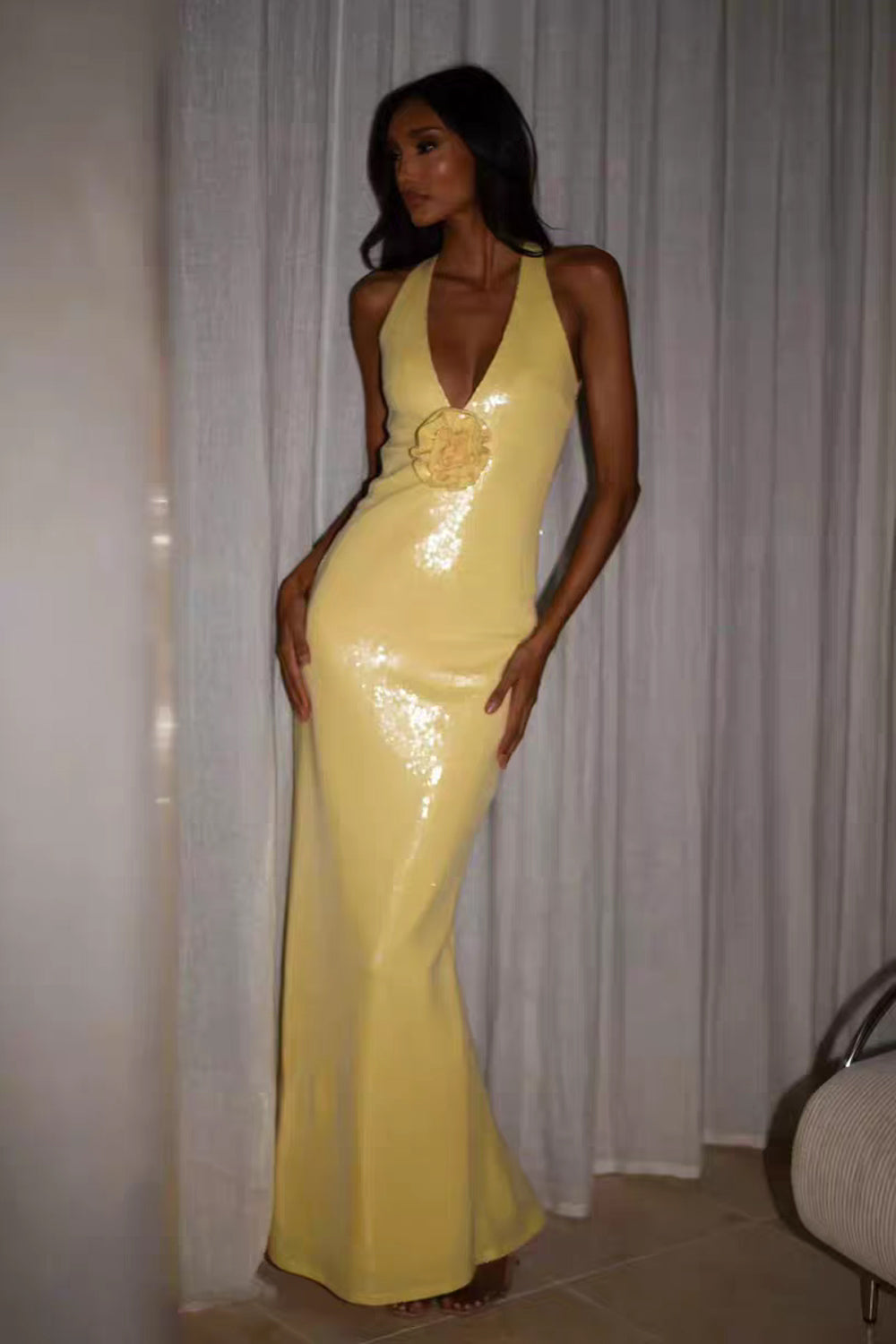 Soft Yellow Sequin Criss-cross Open Back Mermaid Shiny Prom Dress