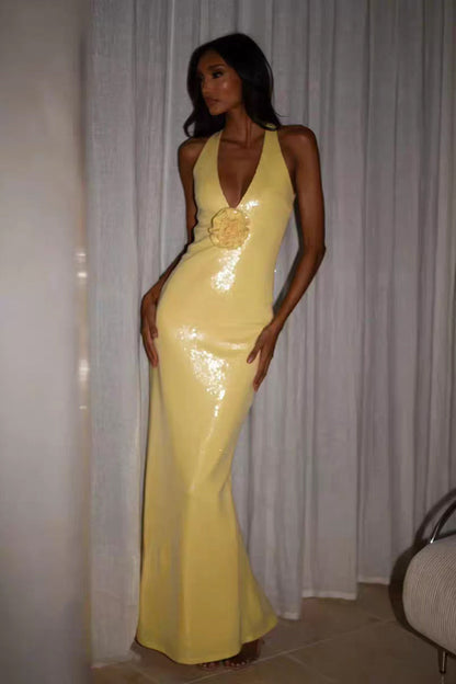 Soft Yellow Sequin Criss-cross Open Back Mermaid Shiny Prom Dress