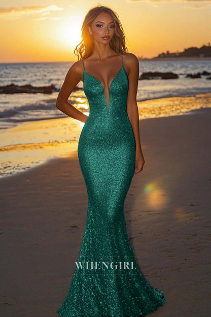 Striking Spaghetti Straps V-Neck Mermaid Sequin Long Party Dress with Train Gala Dresses