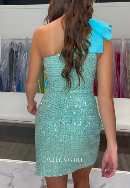 One Shoulder Sleeveless Bowknot Back Zipper Sheath Short Homecoming Dress