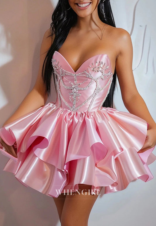 Sparkly Pink Satin Ruffles Sweetheart Beaded A-Line Short Homecoming Dress
