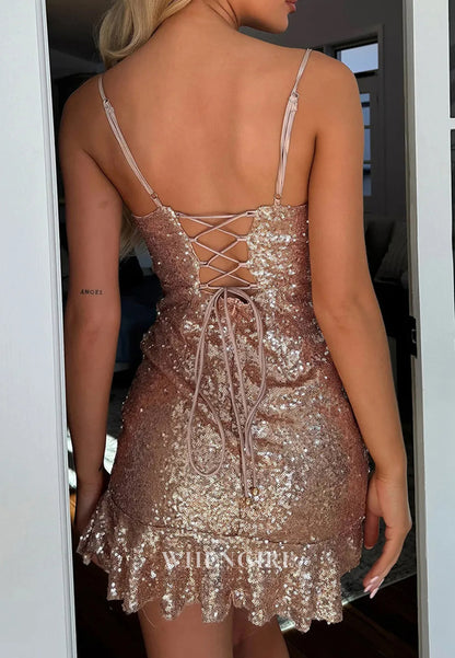 Sparkly Sequins Spaghetti Straps Sleeveless Sheath Short Homecoming Dress