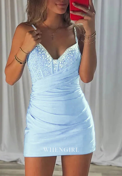 Sheath Sparkly V Neck Beaded Sleeveless Pleated Short Homecoming Dress