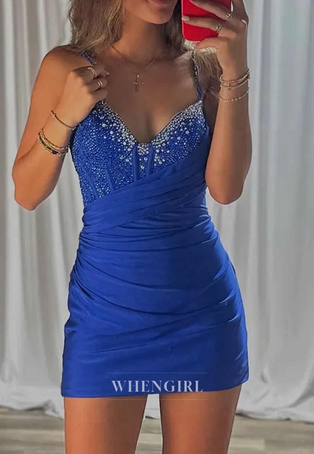 Sheath Sparkly V Neck Beaded Sleeveless Pleated Short Homecoming Dress