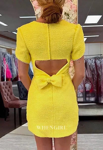 Daffodil Bateau Neck Beaded Short Sleeves Bow Cut Out Sheath Short Homecoming Dress