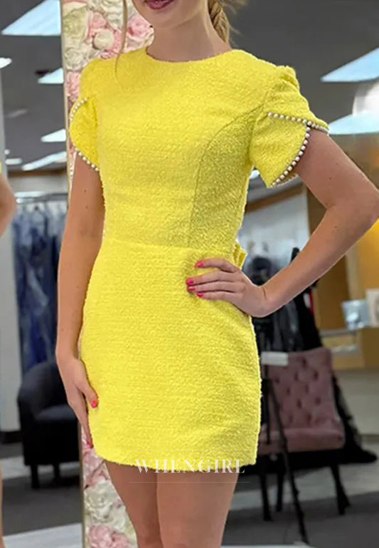 Daffodil Bateau Neck Beaded Short Sleeves Bow Cut Out Sheath Short Homecoming Dress
