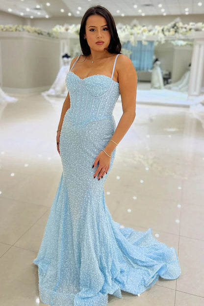 Long Light Sky Blue Prom Dresses Sequins Mermaid Sweetheart