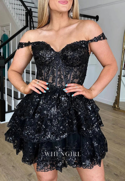 A-Line Off Shoulder Multi Tiered Back Zipper Sweetheart Homecoming Dress