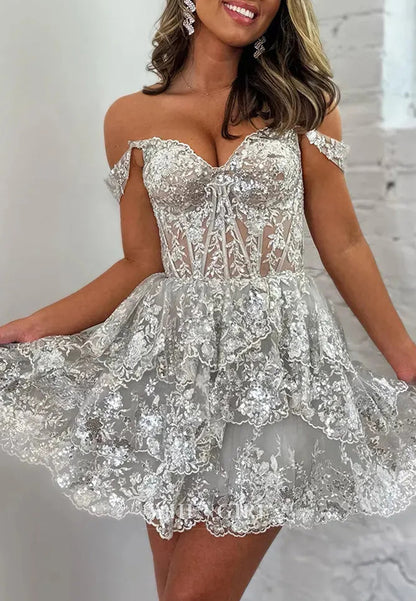 A-Line Off Shoulder Multi Tiered Back Zipper Sweetheart Homecoming Dress
