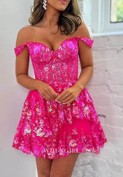 A-Line Off Shoulder Multi Tiered Back Zipper Sweetheart Homecoming Dress