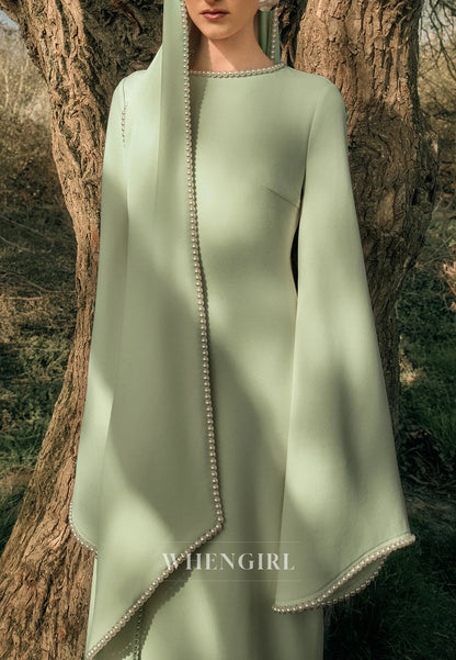 Column Bateau Neck Long Sleeves Pearl Beading Evening Dress with Scarf