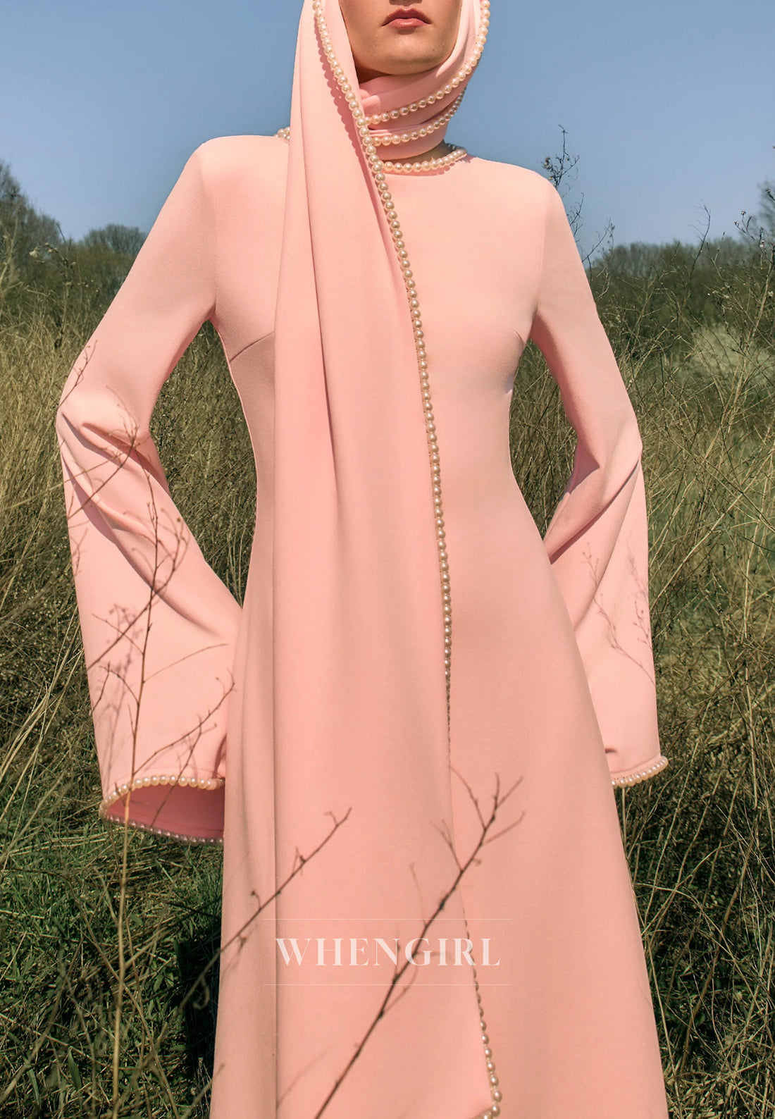 Column Bateau Neck Long Sleeves Pearl Beading Evening Dress with Scarf