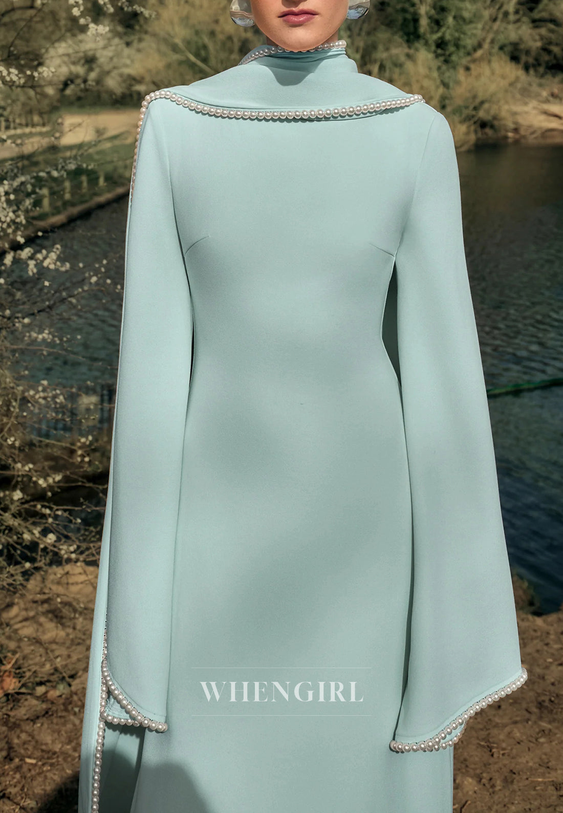 Column Bateau Neck Long Sleeves Pearl Beading Evening Dress with Scarf