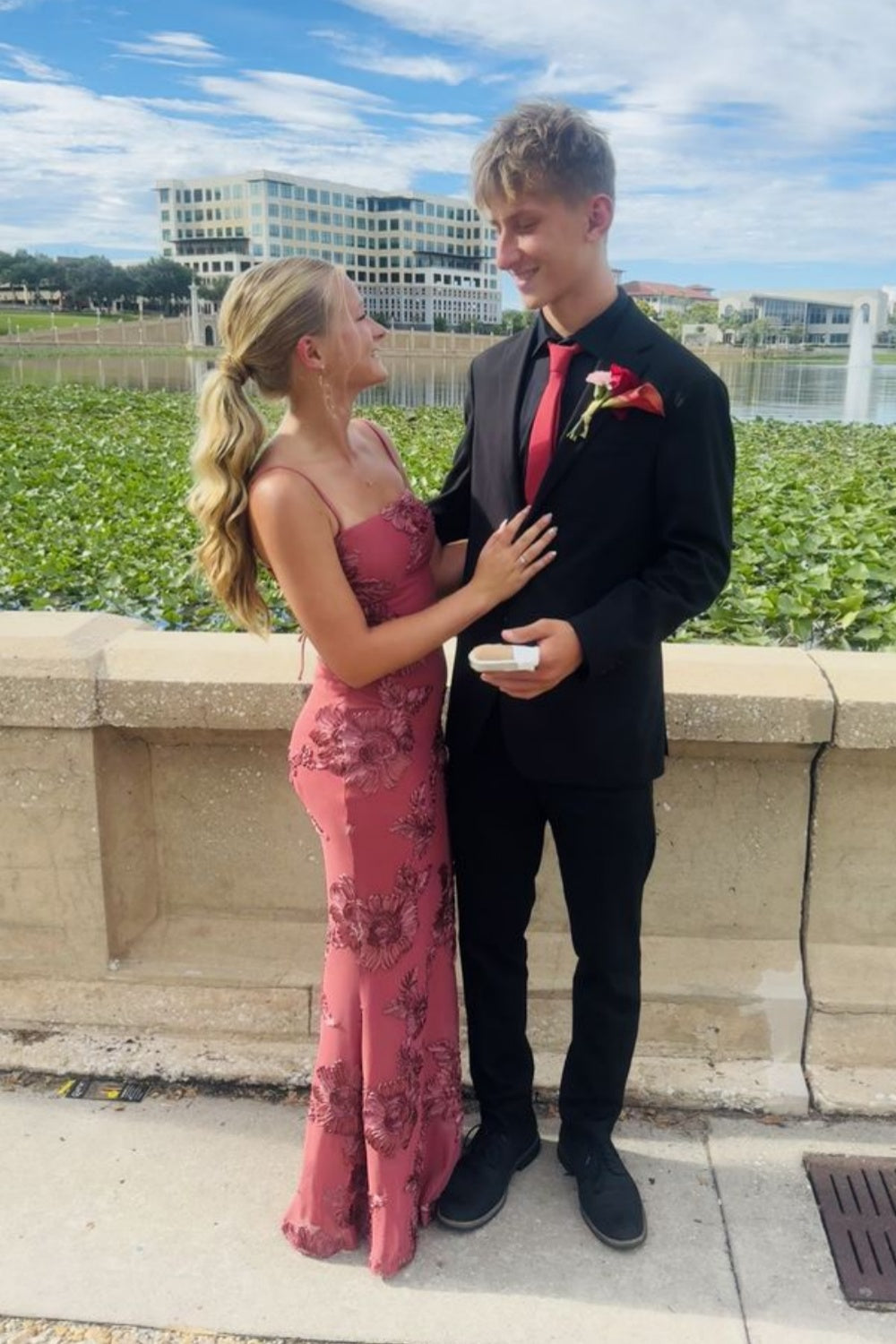 Square Neck Floral Lace-up Fitted Long Dress