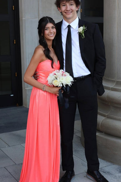 Strapless Coral Ruched Metallic A-line Long Dress
