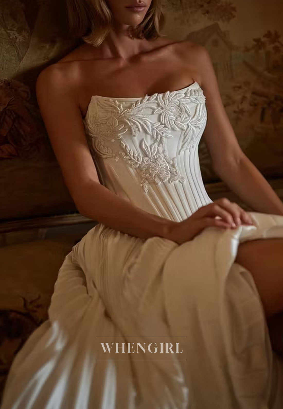 Scoop Neck Pleated Embroidery A-Line Wedding Dress