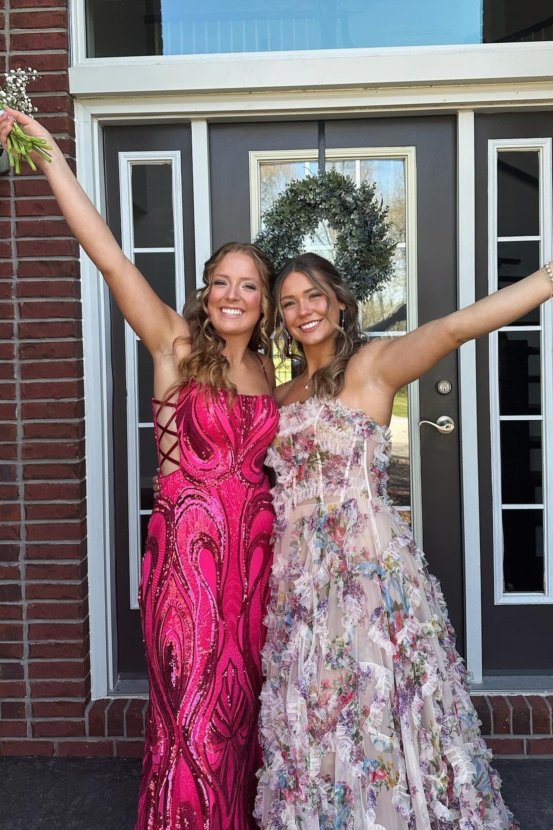 Strapless Floral Print Ruffle Long Dress with Slit