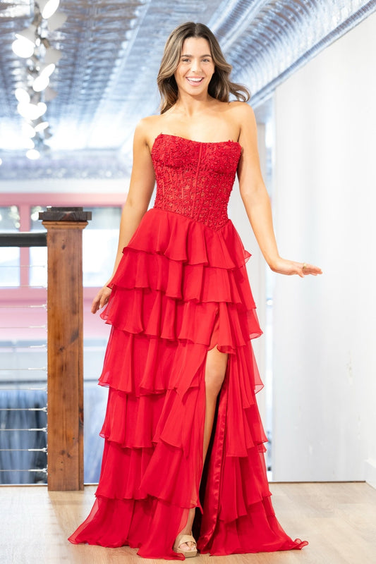 Strapless Red Appliques Tiered Long Dress with Slit