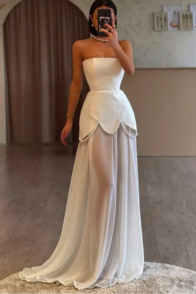 Strapless Unique Sleeveless Pearls A-line Floor length Prom Dresses