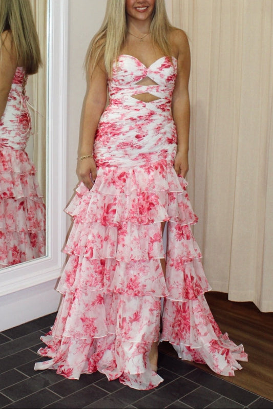 Strapless White and Pink Floral Print Tiered Long Dress