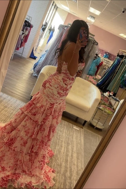 Strapless White and Pink Floral Print Tiered Long Dress