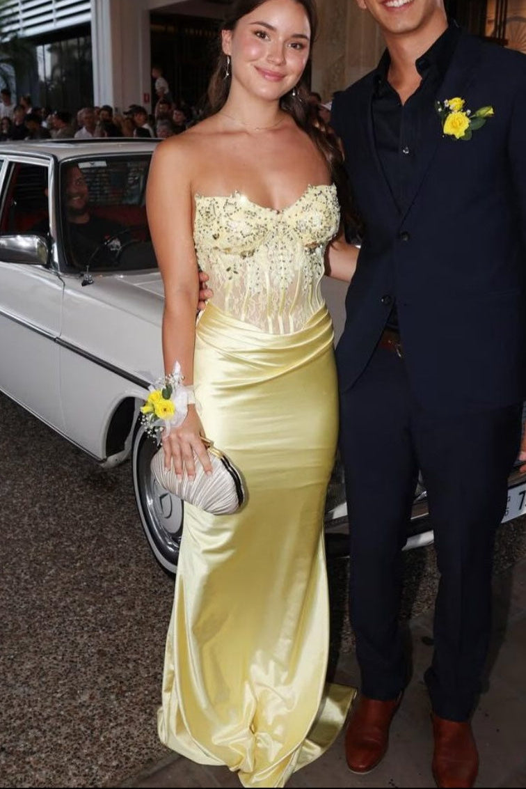 Strapless Yellow Beaded Pleated Mermaid Long Dress